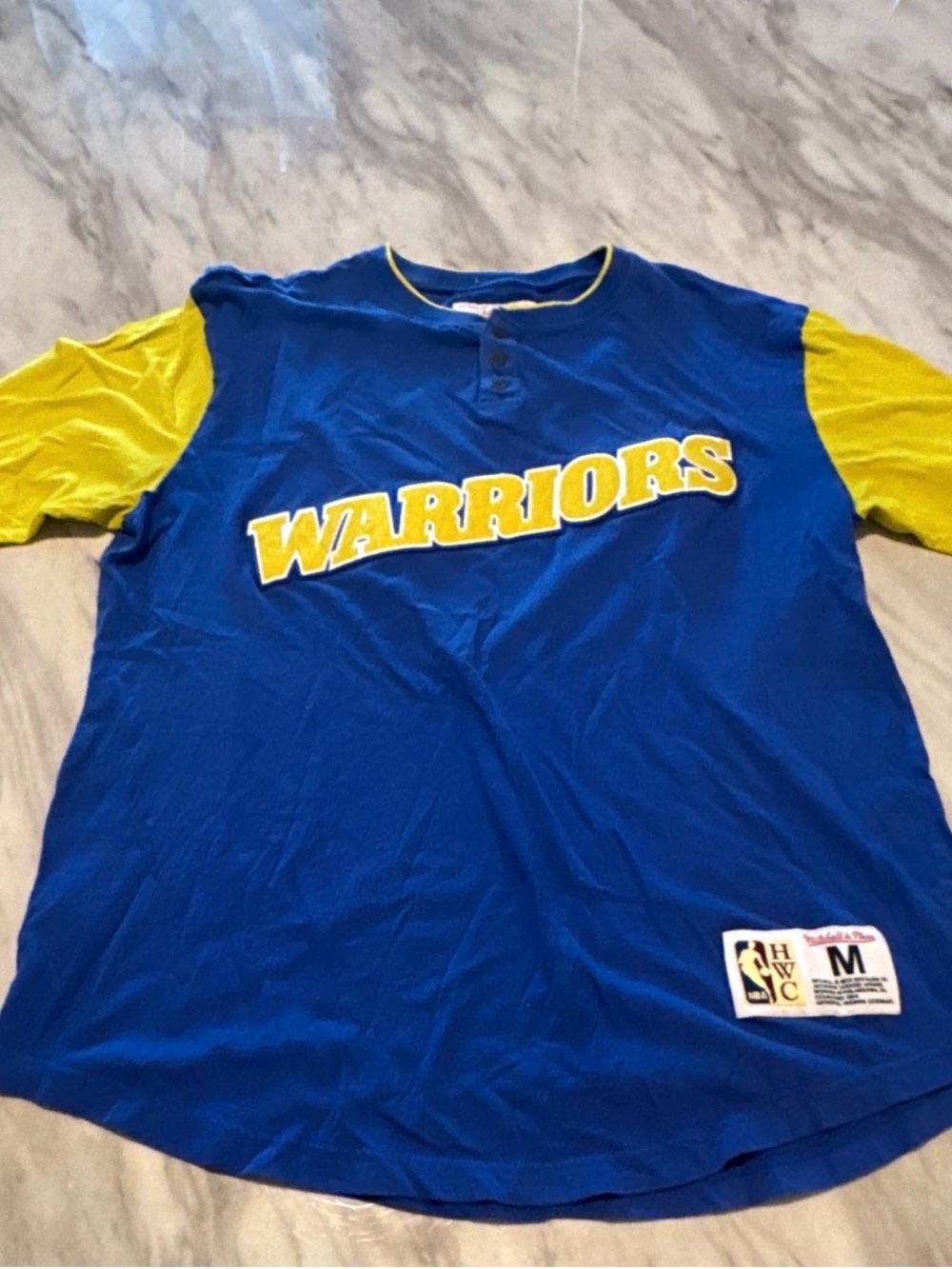Vintage Mitchell & Ness Blue and Yellow Warriors Short Sleeve Jersey size Med